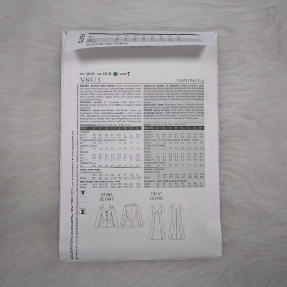 VOGUE V8473 Sz 14-20 Misses Devine Details Lined Jacket And Lined Dress - Picture 5 of 5